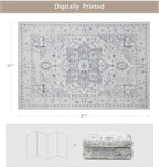 Srugn Area Rug 6x9 Washable Area Rugs for Living Room- Ultra Soft Non-Shedding Faux Wool Bedroom Rug Large Grey Vintage Print Rugs with Non Slip Rubber- Indoor Retro Foldable Carpet for Dining Room