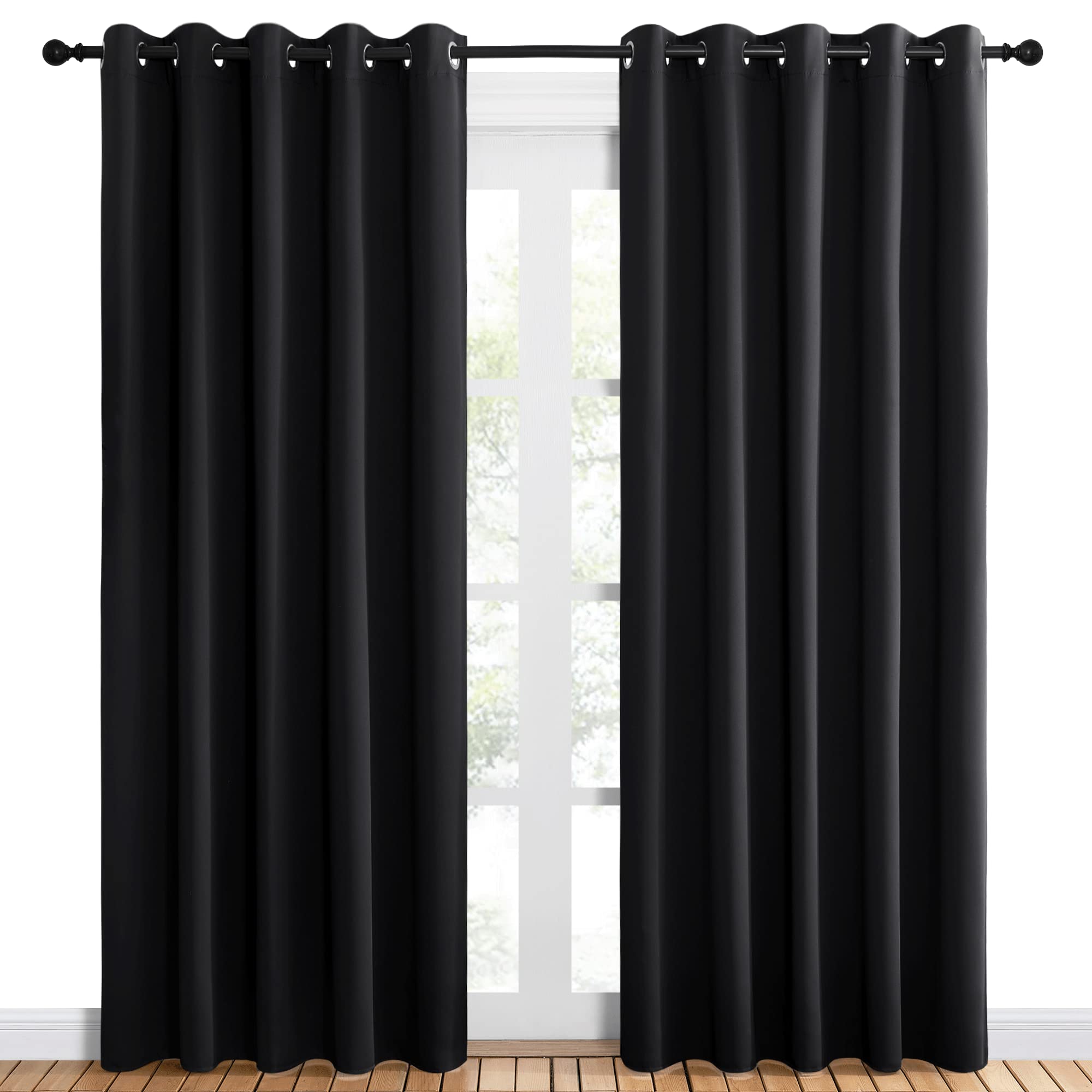 NICETOWN Blackout Draperies Window Curtain Panels, Autumn/Winter Thermal Insulated Solid Grommet Blackout Curtains/Drapes for Cafe (Set of 2, 60 inches by 84 inches, Black)