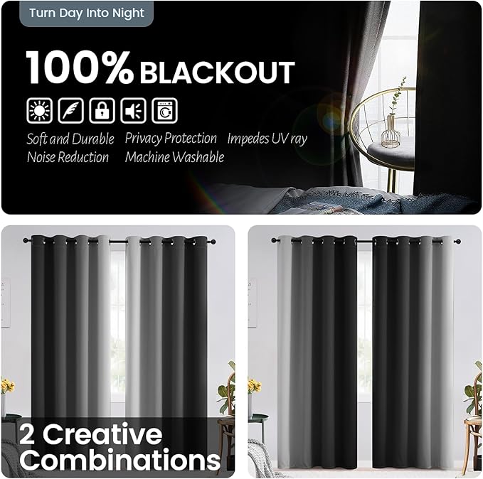 SimpleHome 100% Blackout Ombre Bedroom Curtains Black and Greyish White,45L
