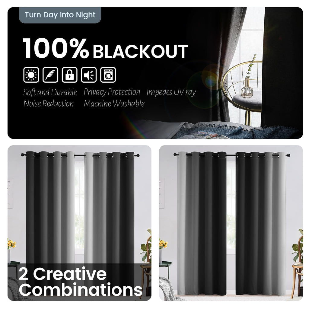 SimpleHome 100% Blackout Ombre Bedroom Curtains Black and Greyish White,45L