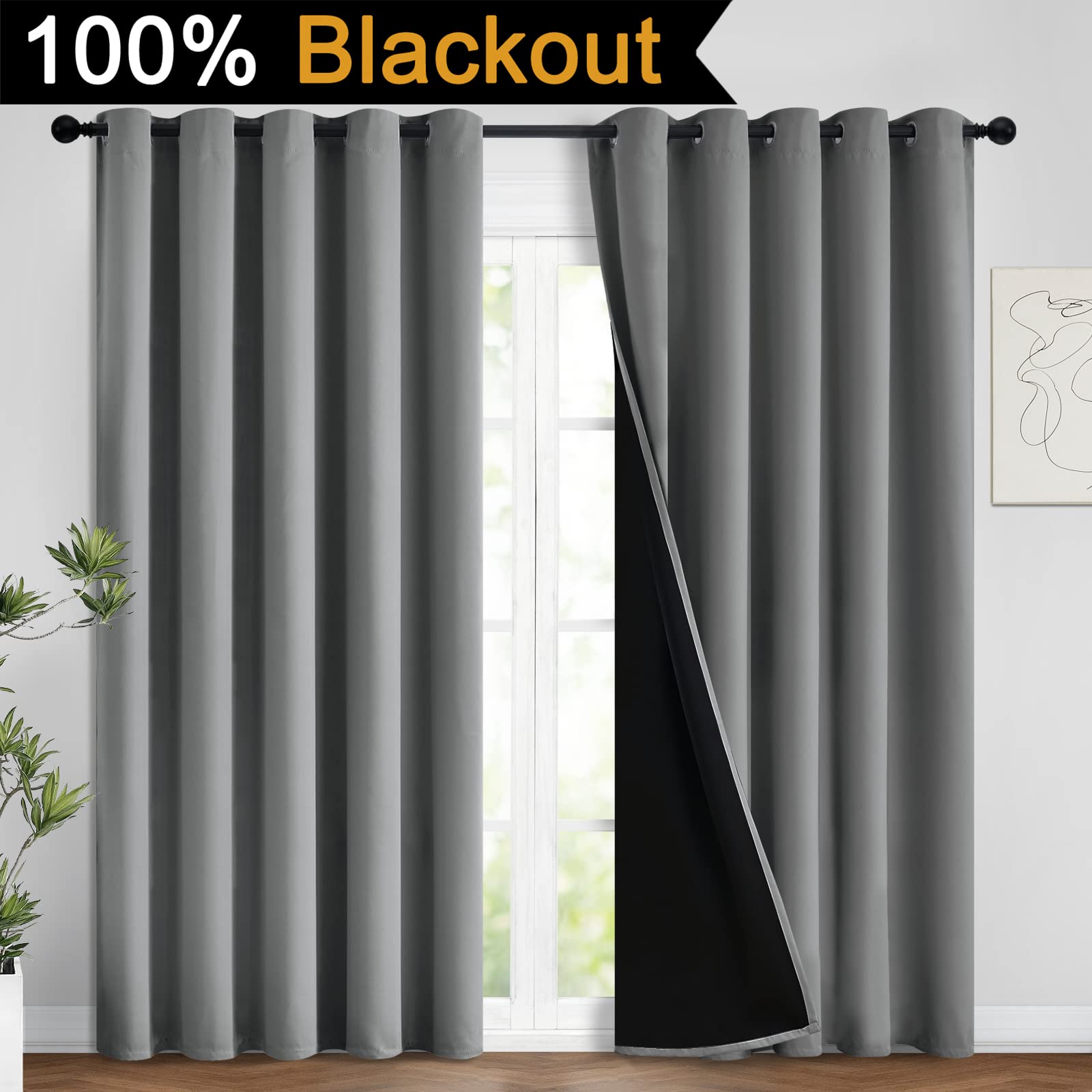 Yakamok Grey Blackout Curtains 96 Inches Long for Bedroom 62" Wide 2 Pcs
