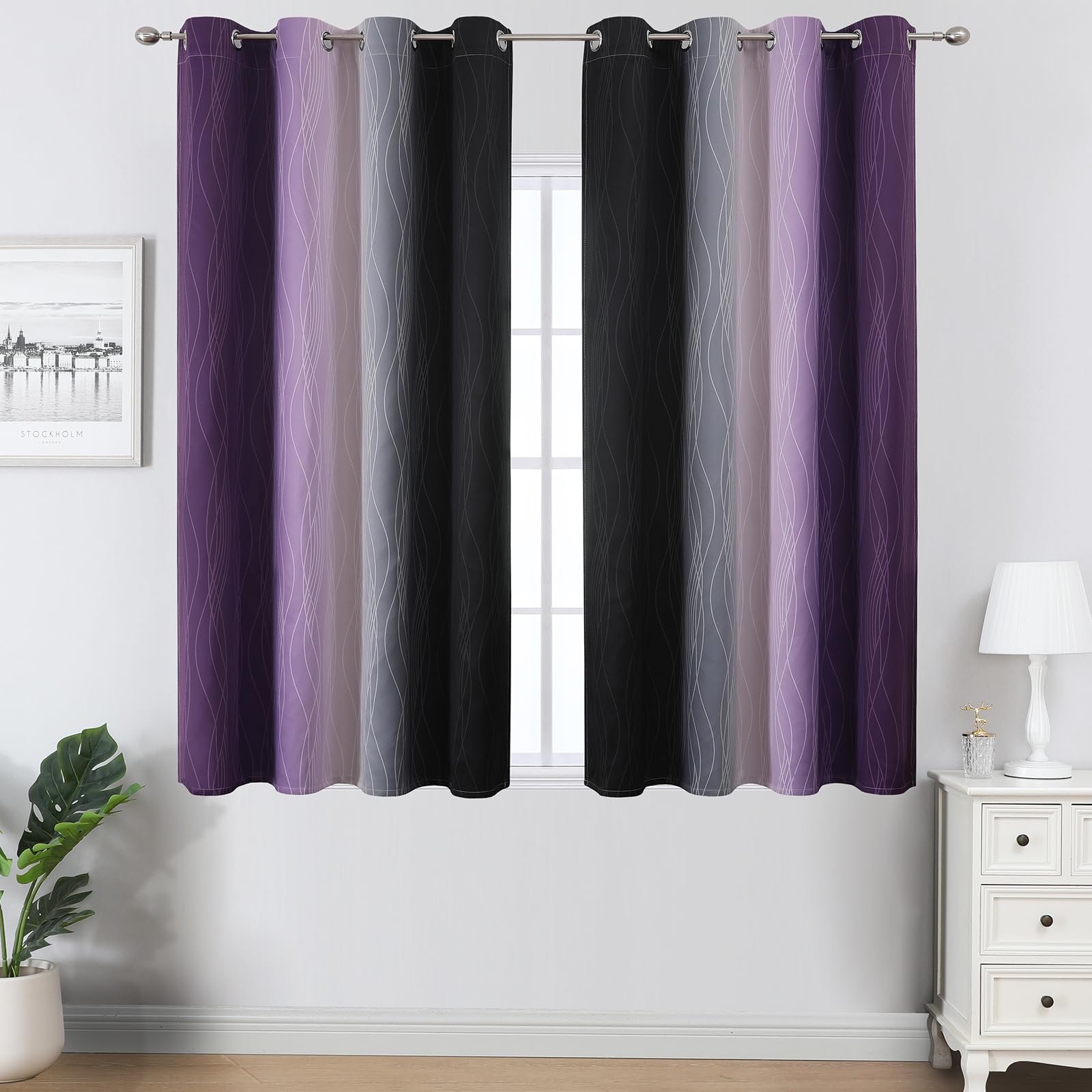 Estelar Textiler Black and Purple Ombre Blackout Curtains 45 Inch Length