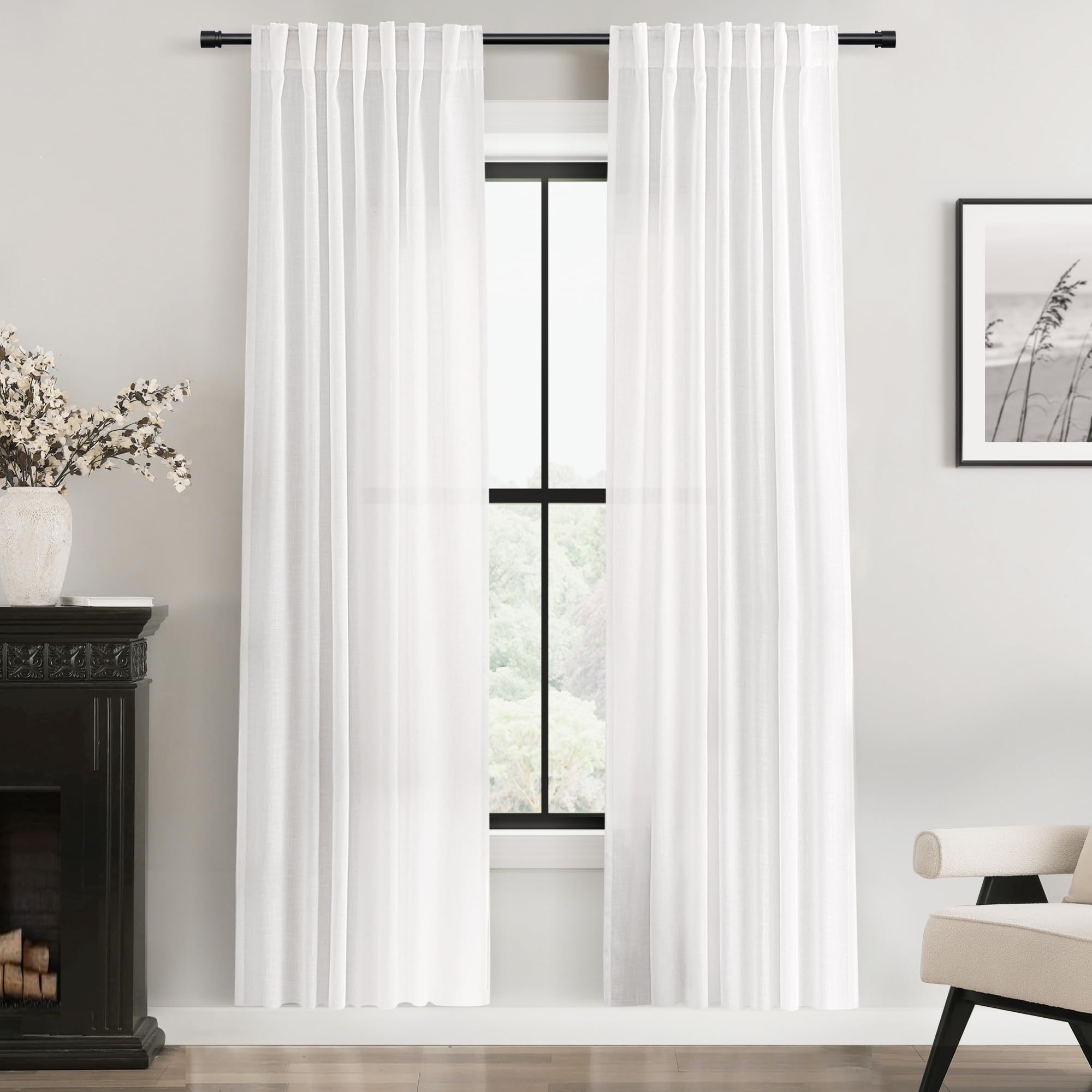 Jolilight White Linen Curtains 72 inch Long 2 Panel Set for Living Room Back Tab Semi Sheer Light Filtering Bedroom Window Curtain 72 inch Length Cotton Textured Modern Elegant Coastal Drapes 42x72