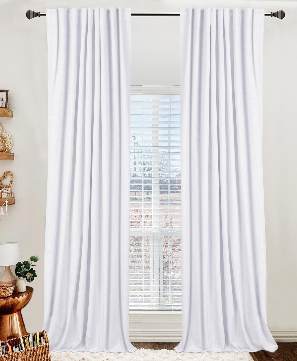 Faux Linen Total Blackout Curtains for Bedroom 90 Inch Long Bright White