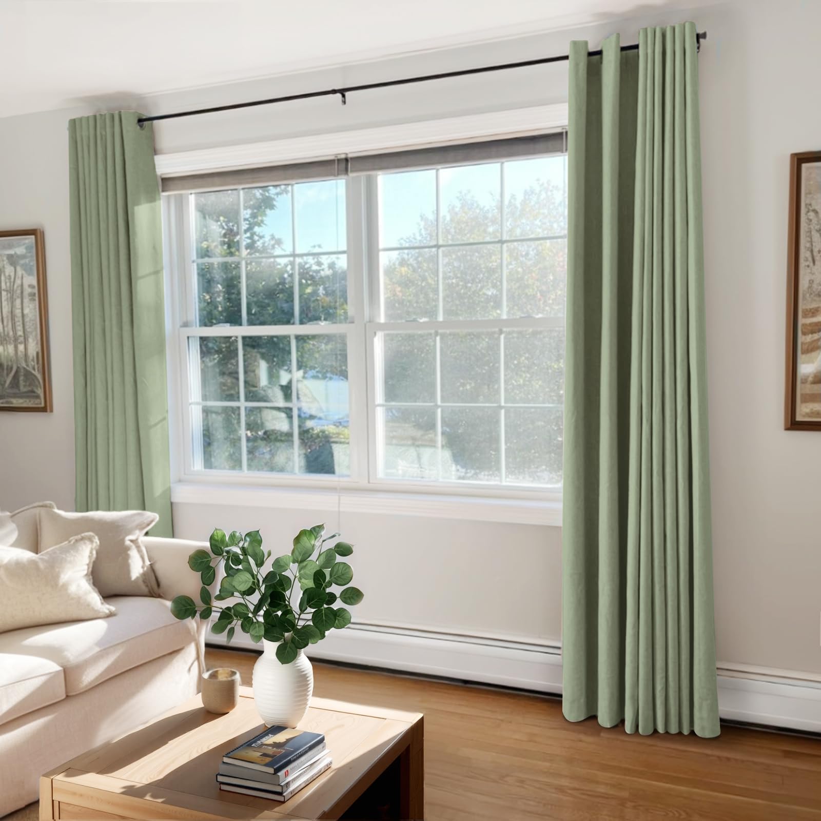 Linen Textured Total Blackout Curtains 72 Inches Long, Sage Green