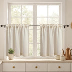 Boho Kitchen Cafe Curtain 24 Inch Length, 36 Inch Width, Single Panel Beige Linen Blend Embroidered Tier Curtain, Light Filtering for Small Window