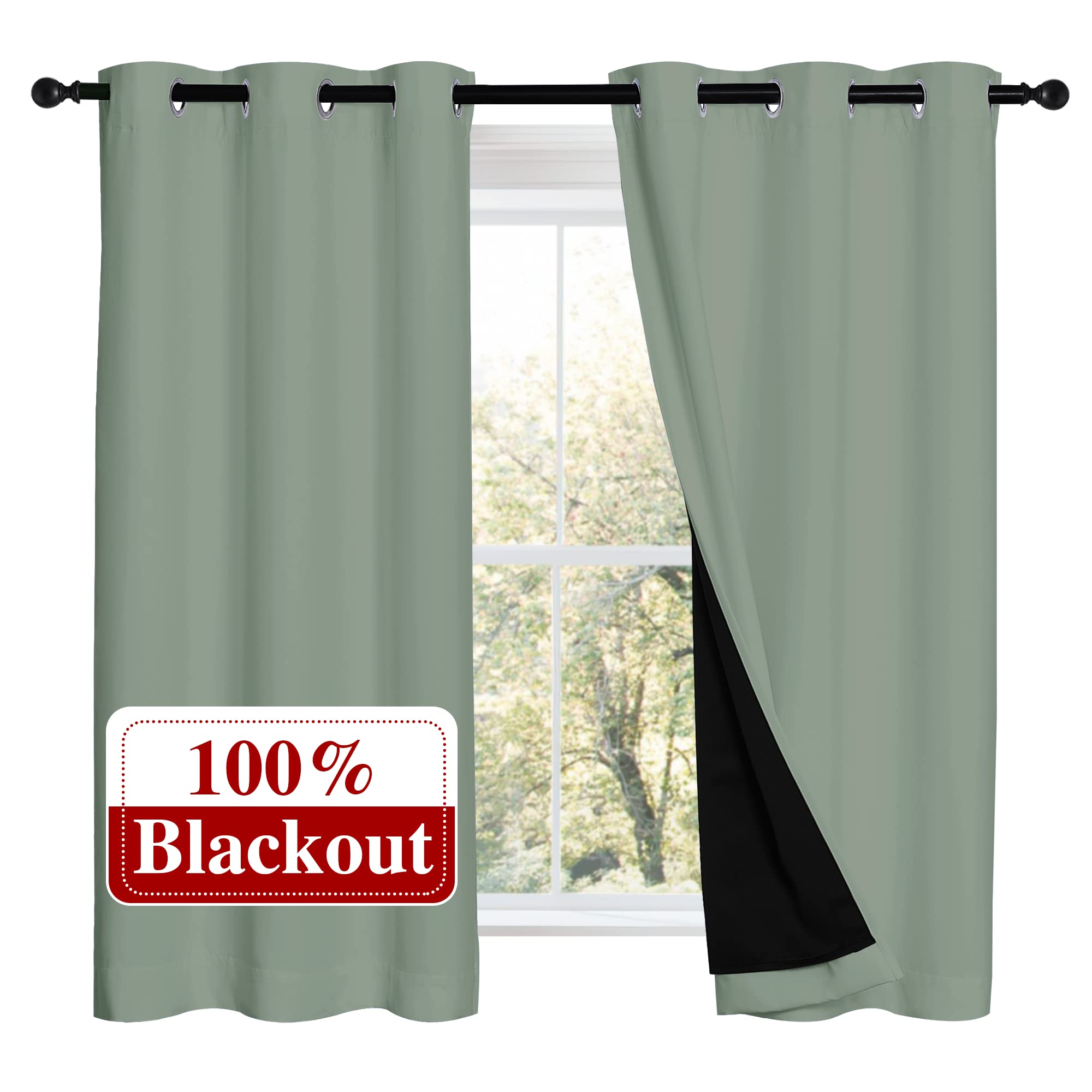 NICETOWN 100% Blackout Curtains 54 inches Long, Double-Deck Completely Blackout Window Treatment Thermal Insulated Lined Drapes for Small Window (Greyish Green, 1 Pair, 42 inches Width Each Panel)