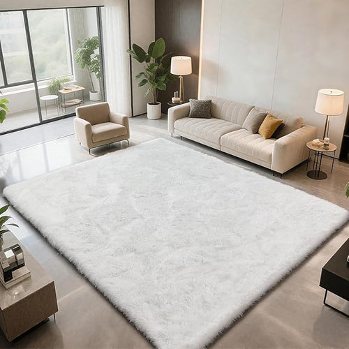 9X12 Large Area Rugs for Living Room Bedroom,White Big Shag Rug for Bedroom Dorm,Soft Fluffy Indoor Carpet Plush Rugs for Living Room Home Decor (White, 9X12 Feet)