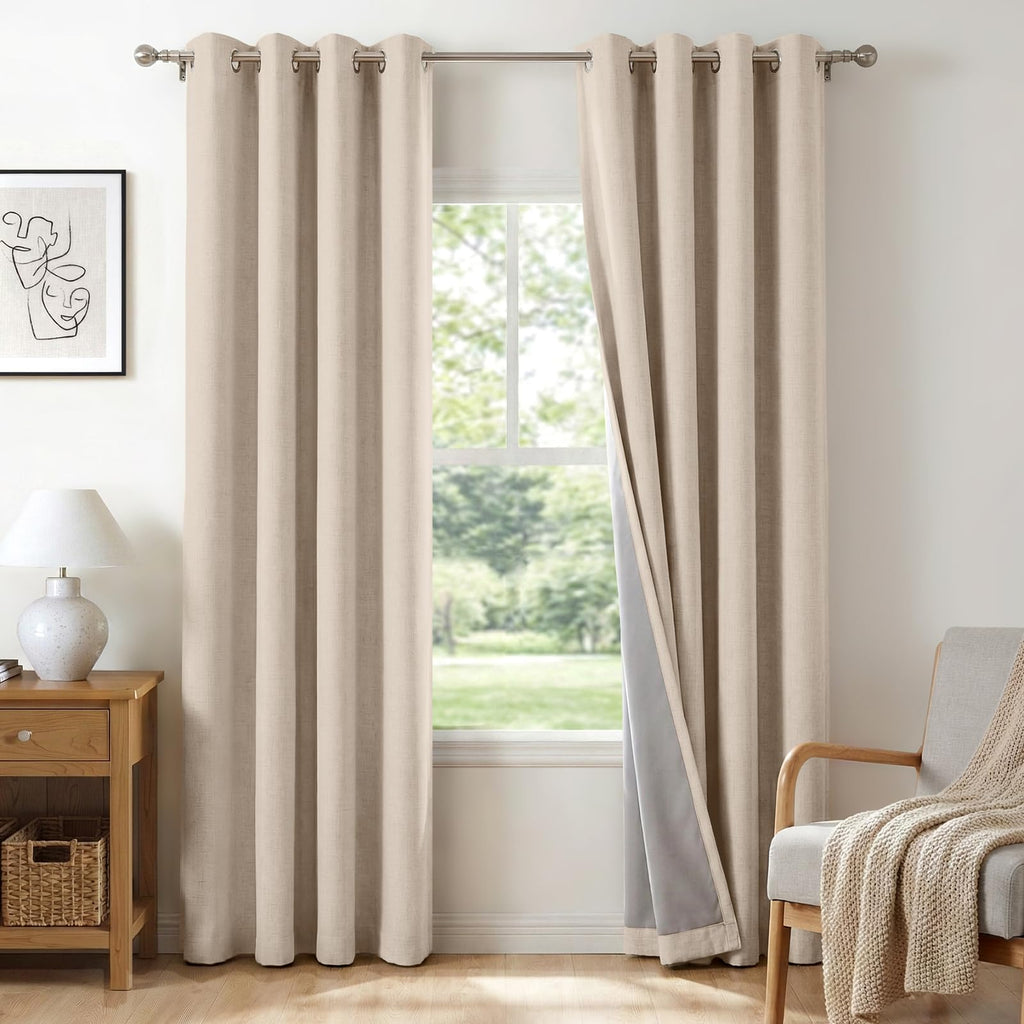 100% Blackout Linen Curtains 108 Inch Long 2 Panels Set, Oatmeal