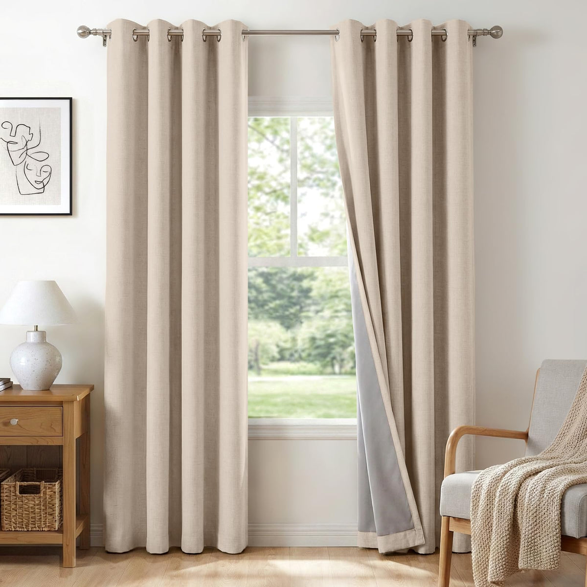 100% Blackout Linen Curtains 108 Inch Long 2 Panels Set, Oatmeal