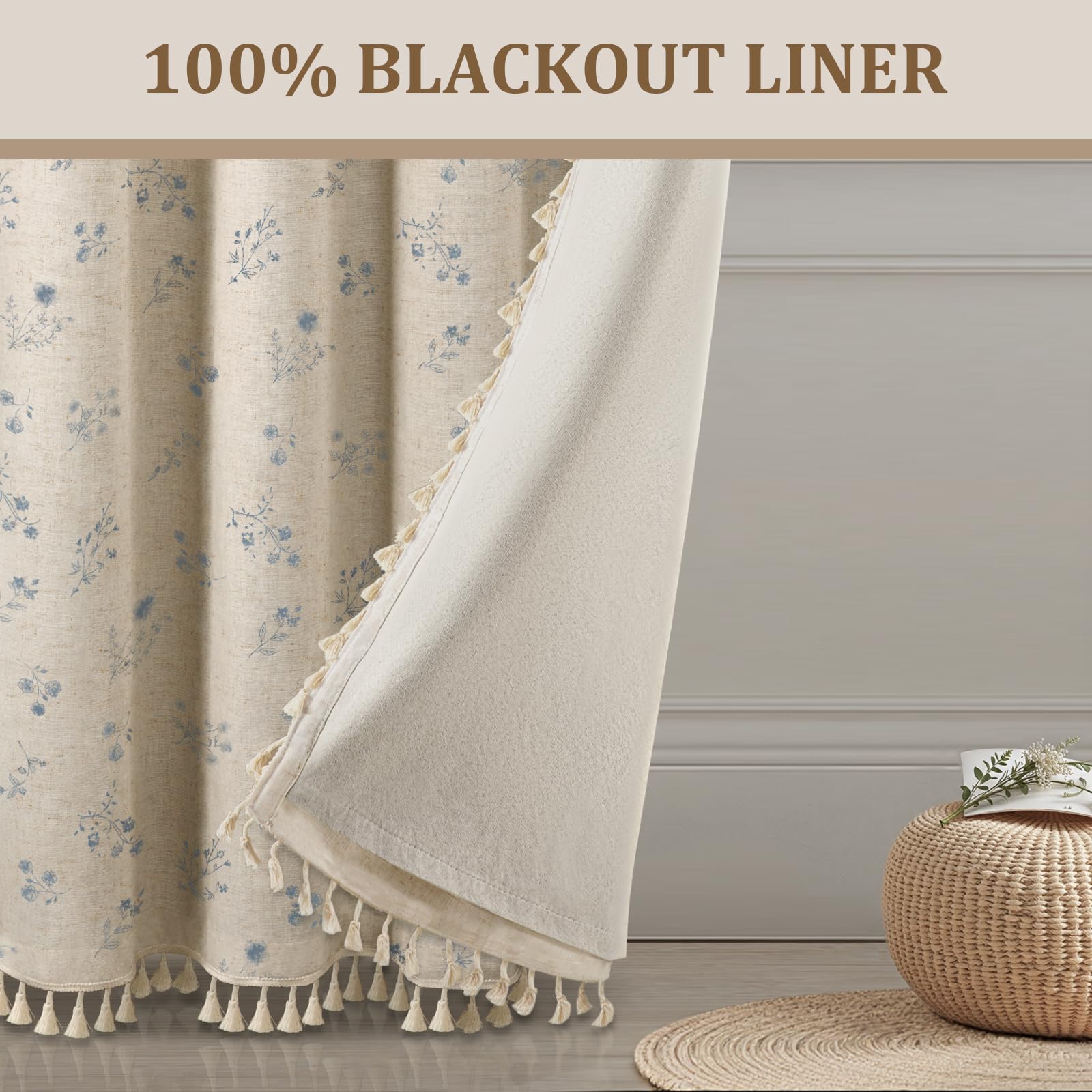XOGUIBO Boho Floral 100% Blackout Curtains 84 Inch 2 Panels Light Blue