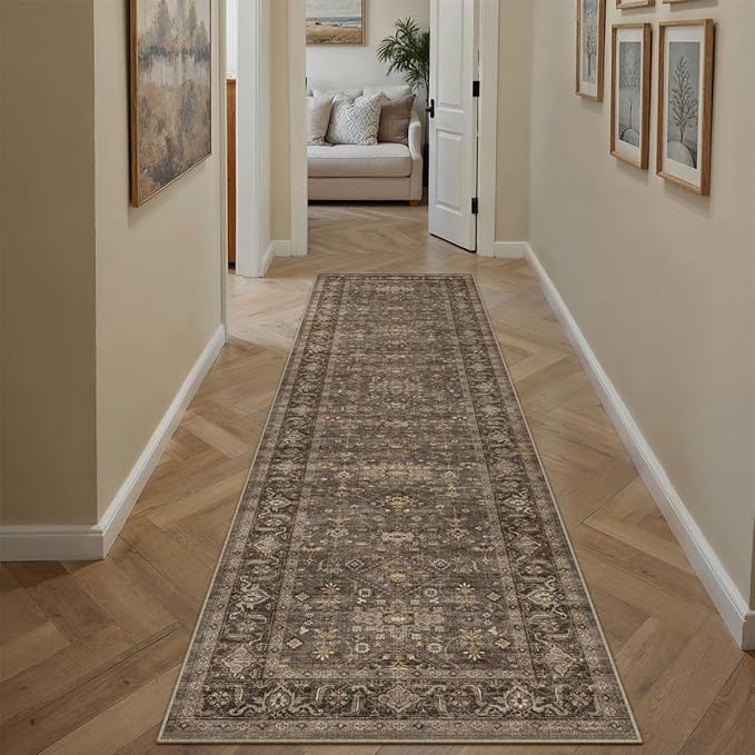 2x10 Washable Runner Rug for Hallway Kitchen Vintage Brown Non Slip Low Pile Carpet Traditional Retro Soft Throw Rug for Bathroom Bedroom Entryway Indoor Entrance