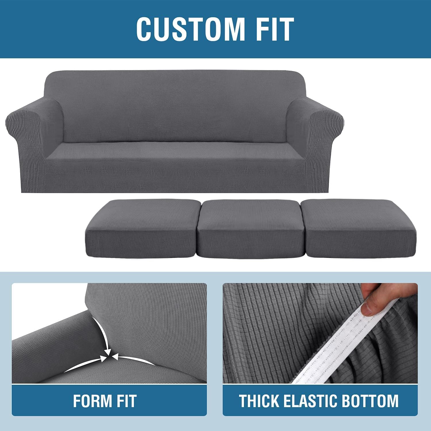 H.VERSAILTEX 4 Piece Stretch Sofa Covers for 3 Cushion Couch Covers for Living Room Furniture Slipcovers (Base Cover Plus 3 Seat Cushion Covers) Thicker Jacquard Fabric (Large Sofa, Grey)