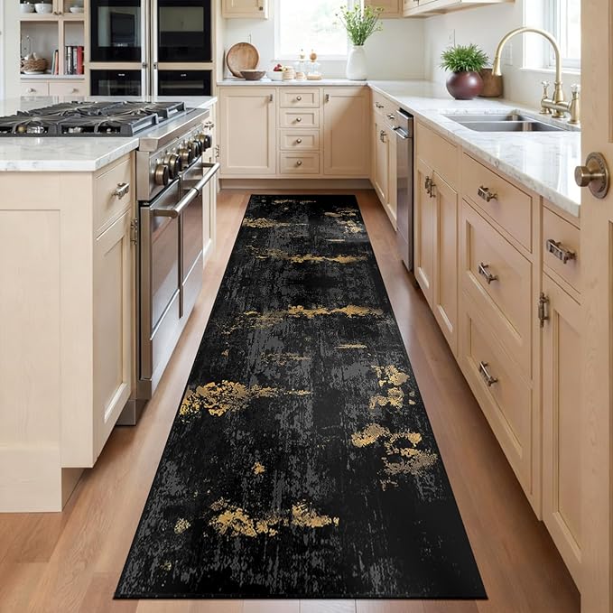 RELEANY Washable Runner 2'x6' Abstract Area Rug for Hallway Black Gold