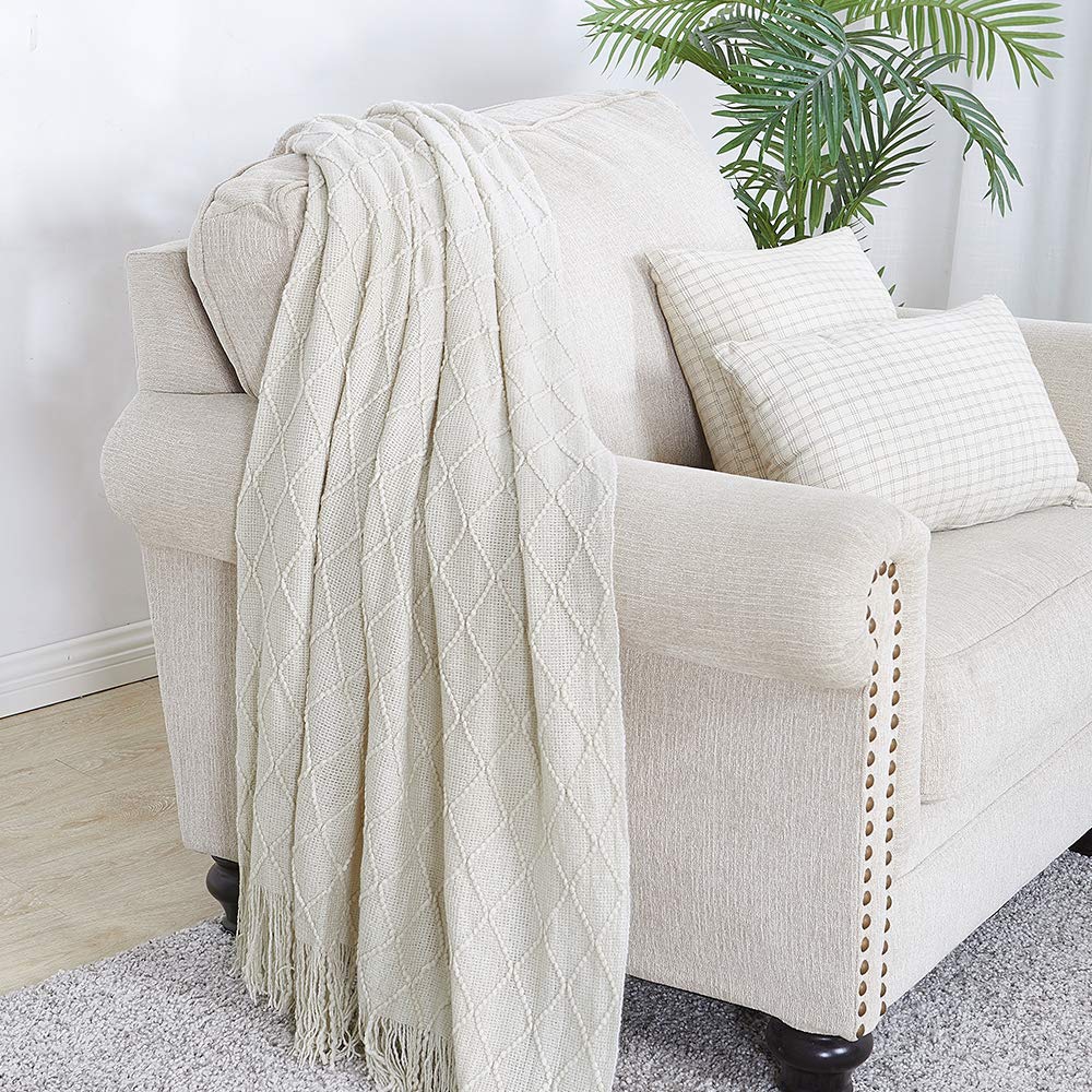 BOURINA Beige Throw Blanket 60x80 Inch Boho Knitted Soft Throw Sofa Blanket