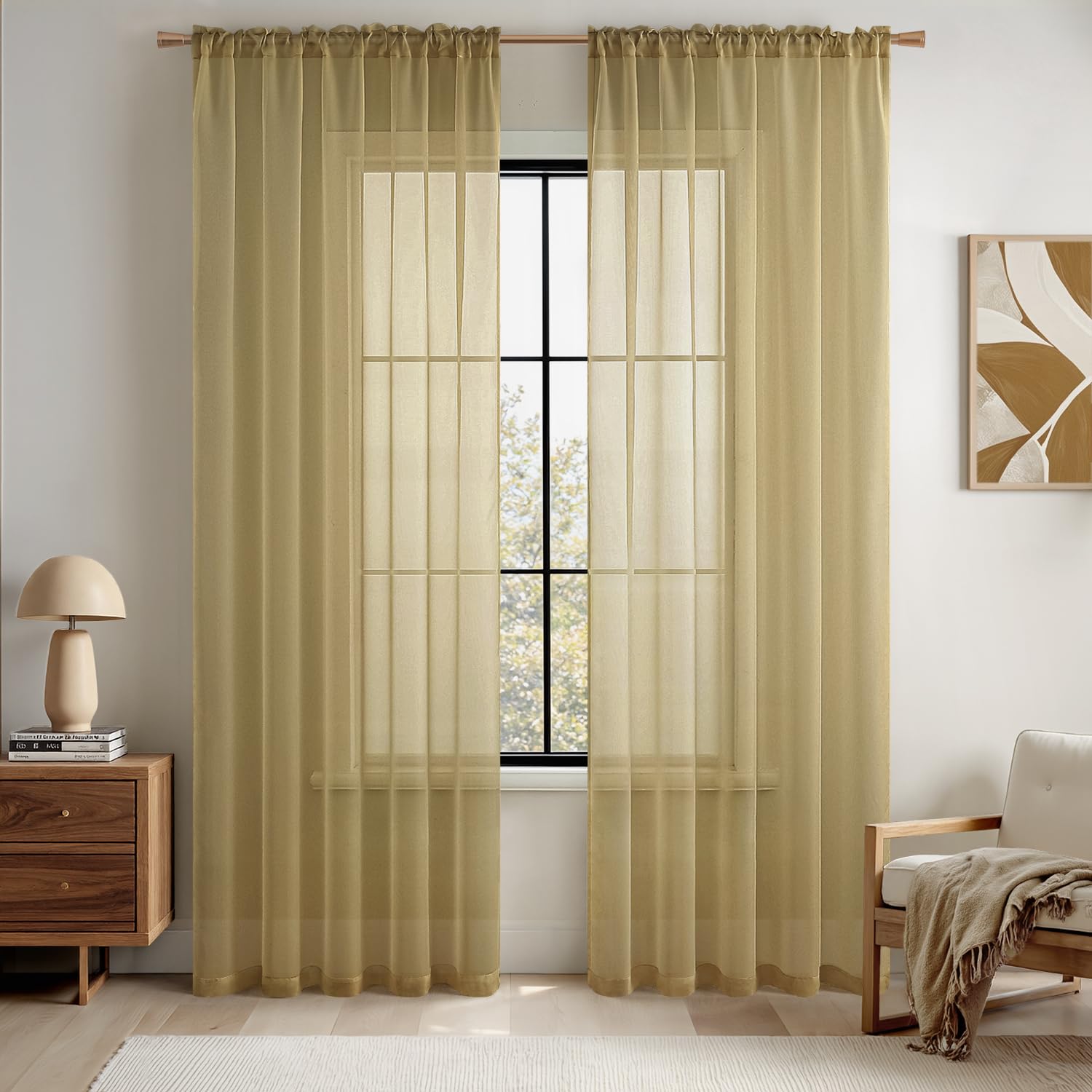 MIULEE Dark Gold Sheer Curtains for Living Room 54X63 Inch 2 Panels