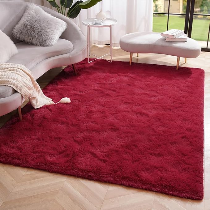 Amearea Shag Fluffy Area Rug for Bedroom Girls Living Room, Wine Red 6x9