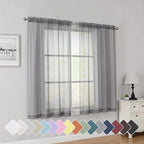 Simplebrand Grey Short Sheer Curtains 45 Inch Length for Small Windows, Rod Pocket 2 Panels Set Solid Voile Drapes Window Sheer Curtains for Bedroom Bathroom Kids Room Kitchen, 42x45 Inch, Gray
