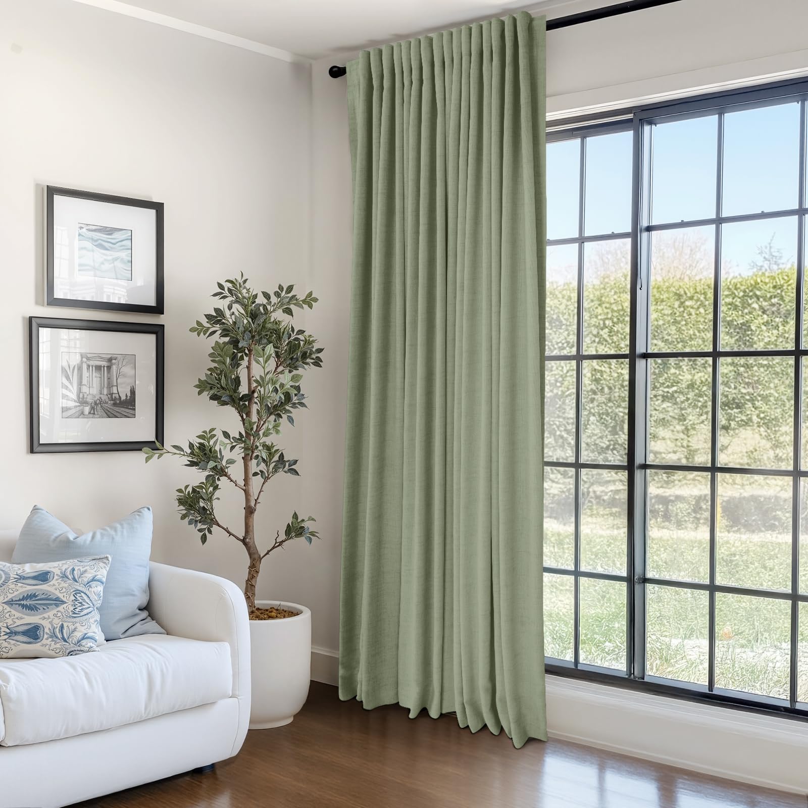 Faux Linen Total Blackout Sliding Door Curtains 90 Inches Long, Sage