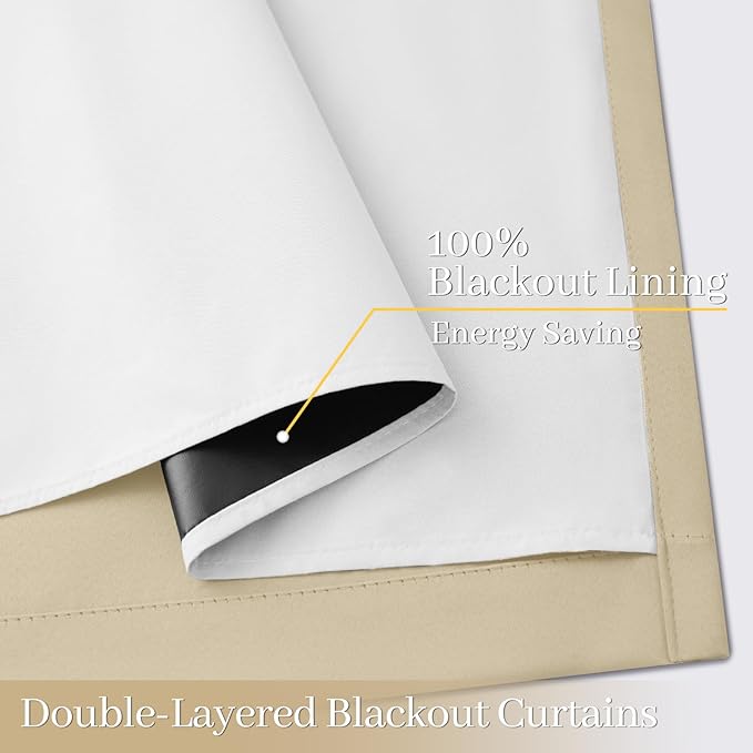 Yakamok 100% Blackout Curtain Panels 96 inches Cold and Light Blocking Drapes for Nursery, 2 Thick Layers Thermal Insulated Draperies (2 Pieces, 50 Wide Each Panel, Beige Front with White Backing)