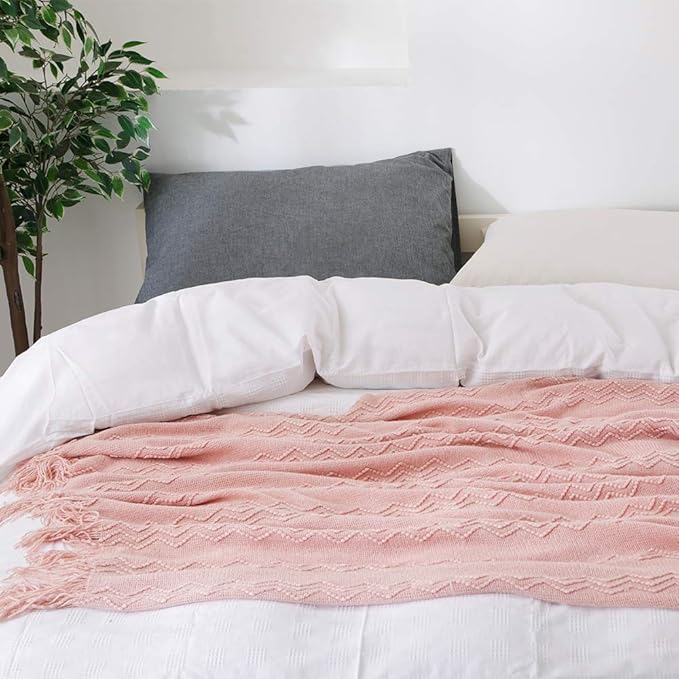 BOURINA Pink Throw Blanket 60x80 Inch Boho Knitted Soft Throw Sofa Blanket