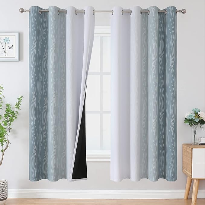 Stone Blue and Greyish White Blackout Curtains for Living Room 72 Inch Long