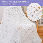 Bigacogo Chunky Knit Throw Blanket for Couch, 60x80 inches, 100% Hand Knitted with Thick Jumbo Chenille Yarn, Cozy Soft Large Rope Knot Cable Crochet Blankets for Sofa Bed Living Room, White