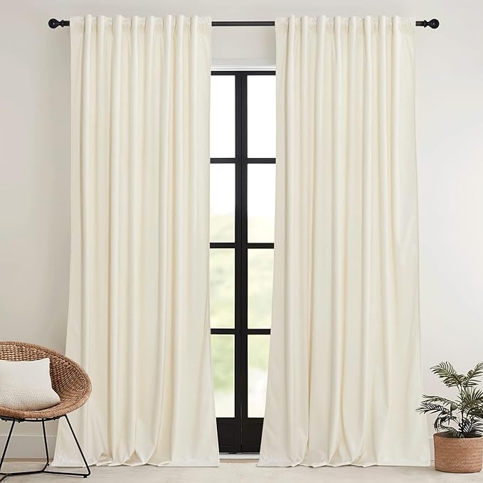 RYB HOME Cream Velvet Curtains 96 inches for Bedroom Living Room