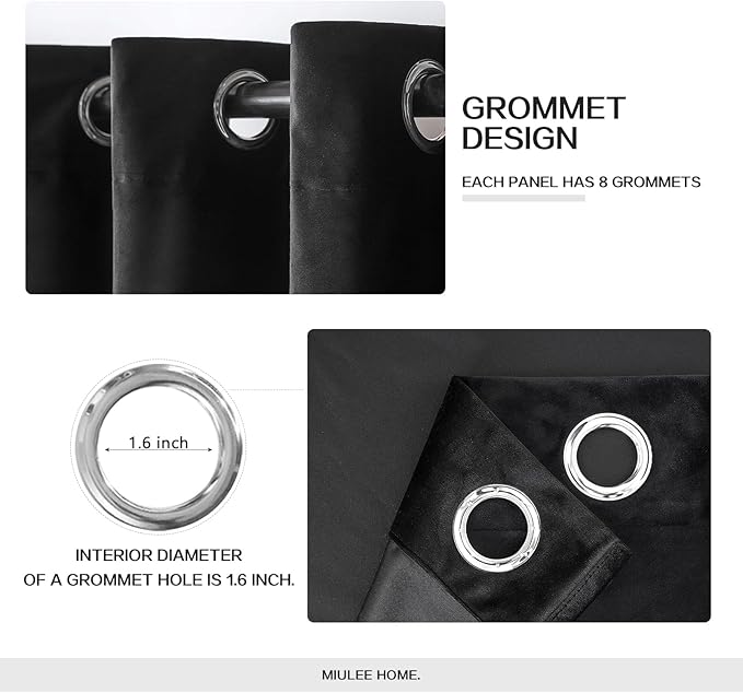 MIULEE Black Out Velvet Curtains 96 Inch Length Halloween Room Darkening Long Blackout Curtains with Grommet Top for Bedroom/Living Room Light Blocking Thermal Insulating Soundproof Set of 2, Black