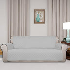 PureFit Reversible Quilted Sofa Cover, Water Resistant Slipcover Furniture Protector, Washable Couch Cover with Non Slip and Elastic Straps for Kids, Pets (Oversized Sofa, Light Gray/Ivory)
