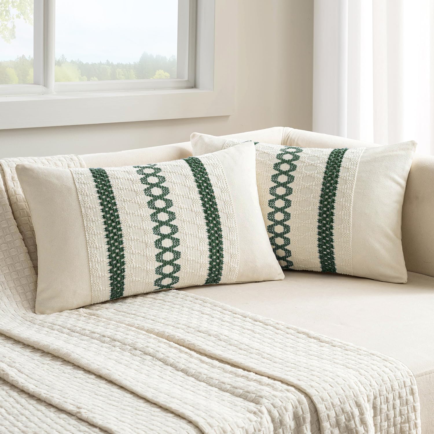 MIULEE Set of 2 Dark Green Boho Decorative Lumbar Pillow Covers 12x20 Inch