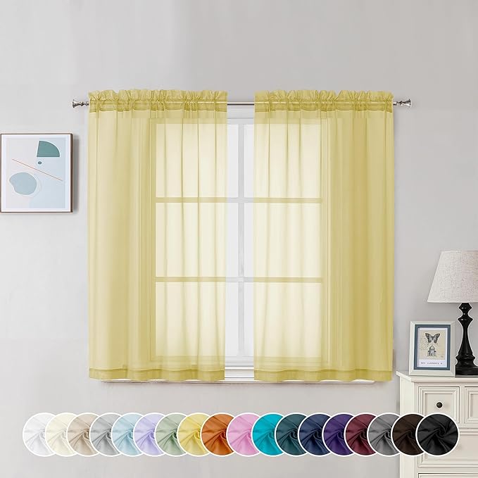 Chyhomenyc Mustard Yellow Sheer Curtains 45 Inches Long, Light Filtering Window Sheer Curtain Panel Drapes, Elegant Rod Pocket Soft Voile for Bedroom Living Room, Each 42Wx45L Inches, 2 Panels