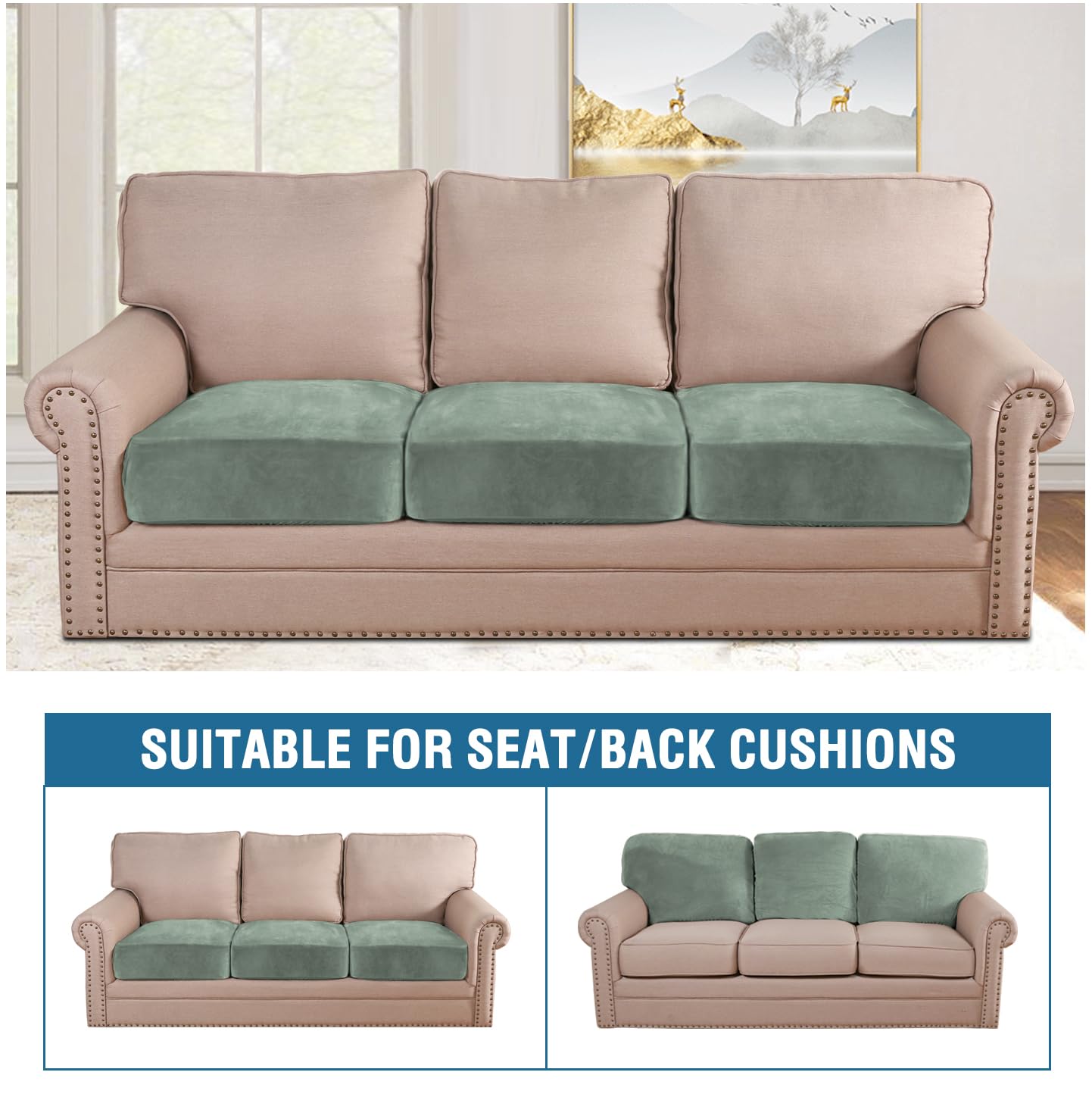 H.VERSAILTEX Velvet Stretch Couch Cushion Cover Plush Cushion Slipcover for Chair Loveseat Sofa Cushion Furniture Protector Seat Cushion Sofa Cover (3 Piece Sofa Cushion Covers, Sea Grass)