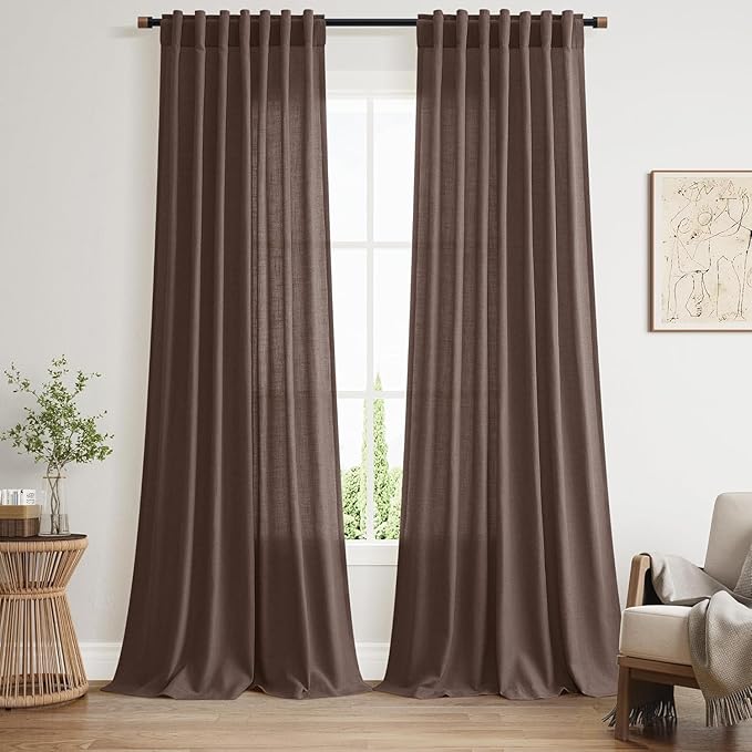 Cappuccino Linen Curtains for Living Room 98 Inches Long Light Filtering Semi Sheer Curtain Back Tab Rod Pocket Luxury Modern Rustic Home Decor Neutral Drapes for Bedroom Dinner Room 52x98, 2 Panels