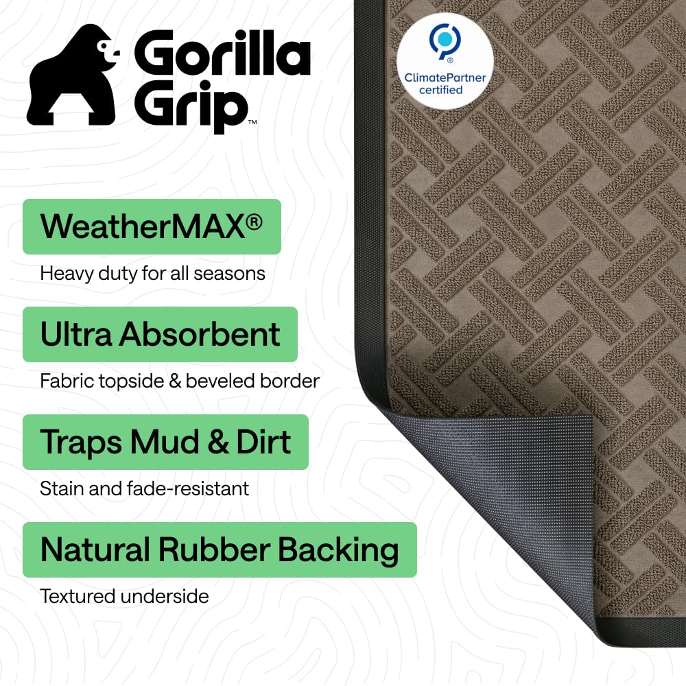 GORILLA GRIP 100% Waterproof All-Season WeatherMAX Doormat, 47x35, US Designed Natural Rubber, Stain and Fade Resistant, Low Profile Indoor Outdoor Door Mats, Easy Clean Patio Mat, Taupe Basket Weave