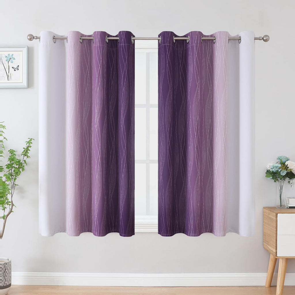 Purple and Greyish White Ombre Blackout Curtains for Bedroom 45 Inches Long