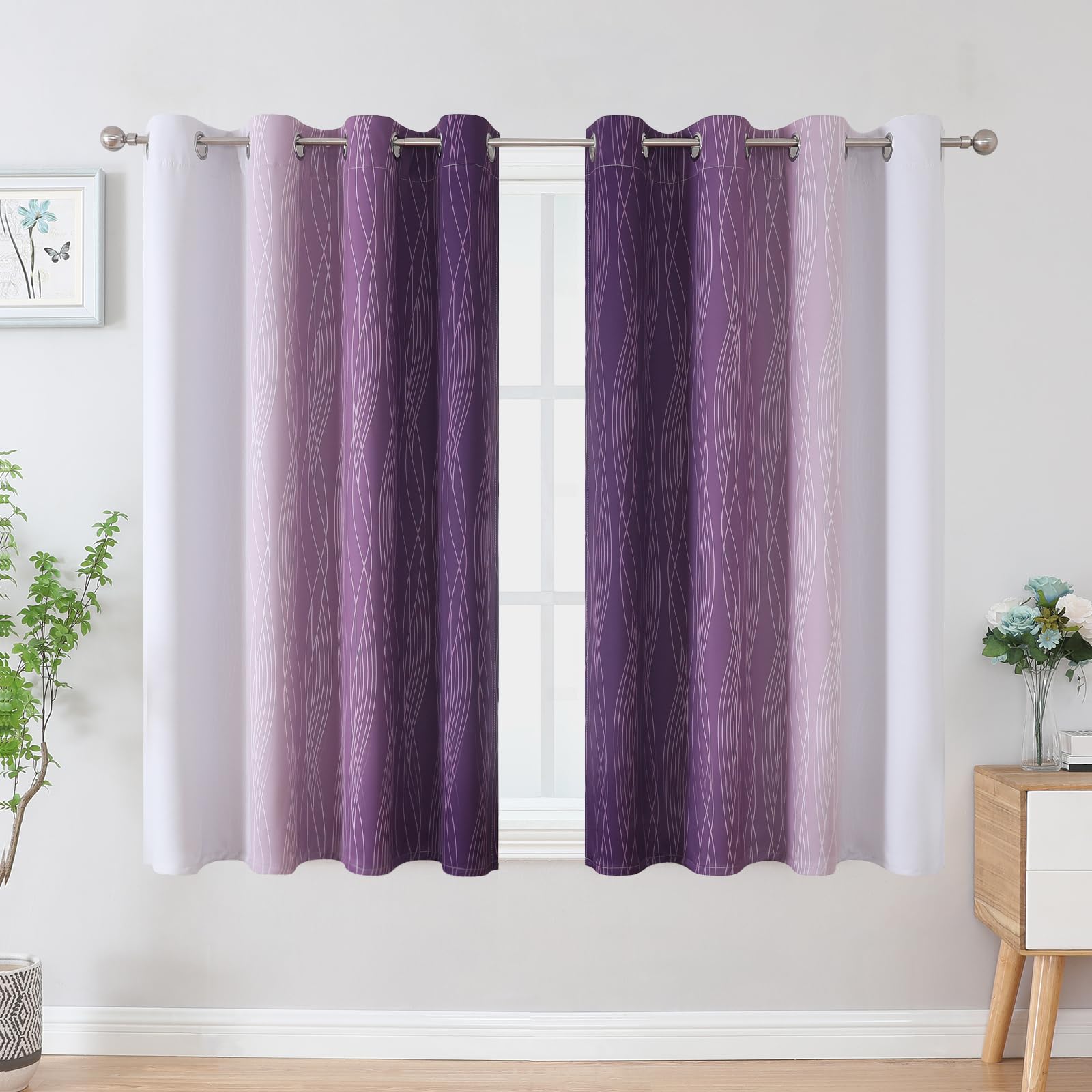 Purple and Greyish White Ombre Blackout Curtains for Bedroom 45 Inches Long