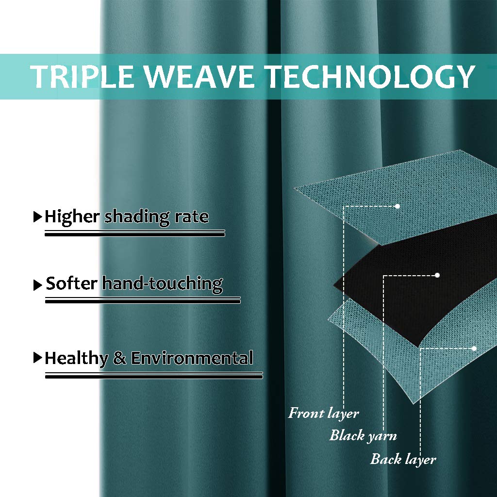 NICETOWN 100% Blackout Short Curtains with Black Liners, 2 Panels, 37" W by 63" L, Sea Teal, Solid Thermal Insulated Full Blackout 2-Layer Lined Drapes, Energy Efficiency Window Draperies for Bedroom