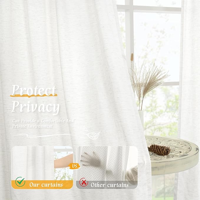 LAMIT Ivory White Linen Curtains 48 Inch Length for Bedroom, 2 Panels