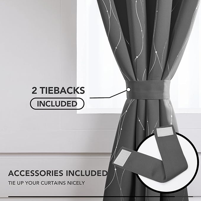 Deconovo Blackout Curtains 108 Inches Long, Grey Blackout Curtain with Silver Wave Dots Print Pattern, Thermal Insulated Soundproof Drapes for Sliding Glass Door Patio Living Room Bedroom, Set of 2