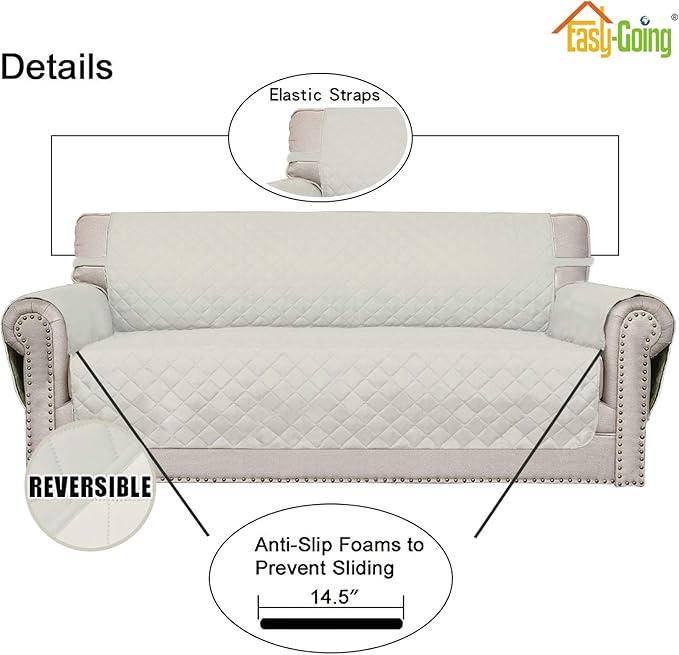 Easy-Going Reversible Loveseat Couch Cover for 2 Cushion Couch Sofa Cover for Dogs Water Resistant Furniture Protector with Foam Sticks Elastic Straps for Pet (Loveseat, Ivory/Ivory)