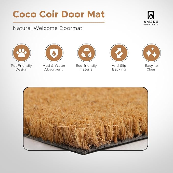 Welcome - 17"x29" - Coir Door Mat with Heavy Duty Backing - Welcome Mats for Entryway, Porch - Anti-Slip PVC & Coconut Fiber Surface - Natural Home Accessories, Minimalist Original Design