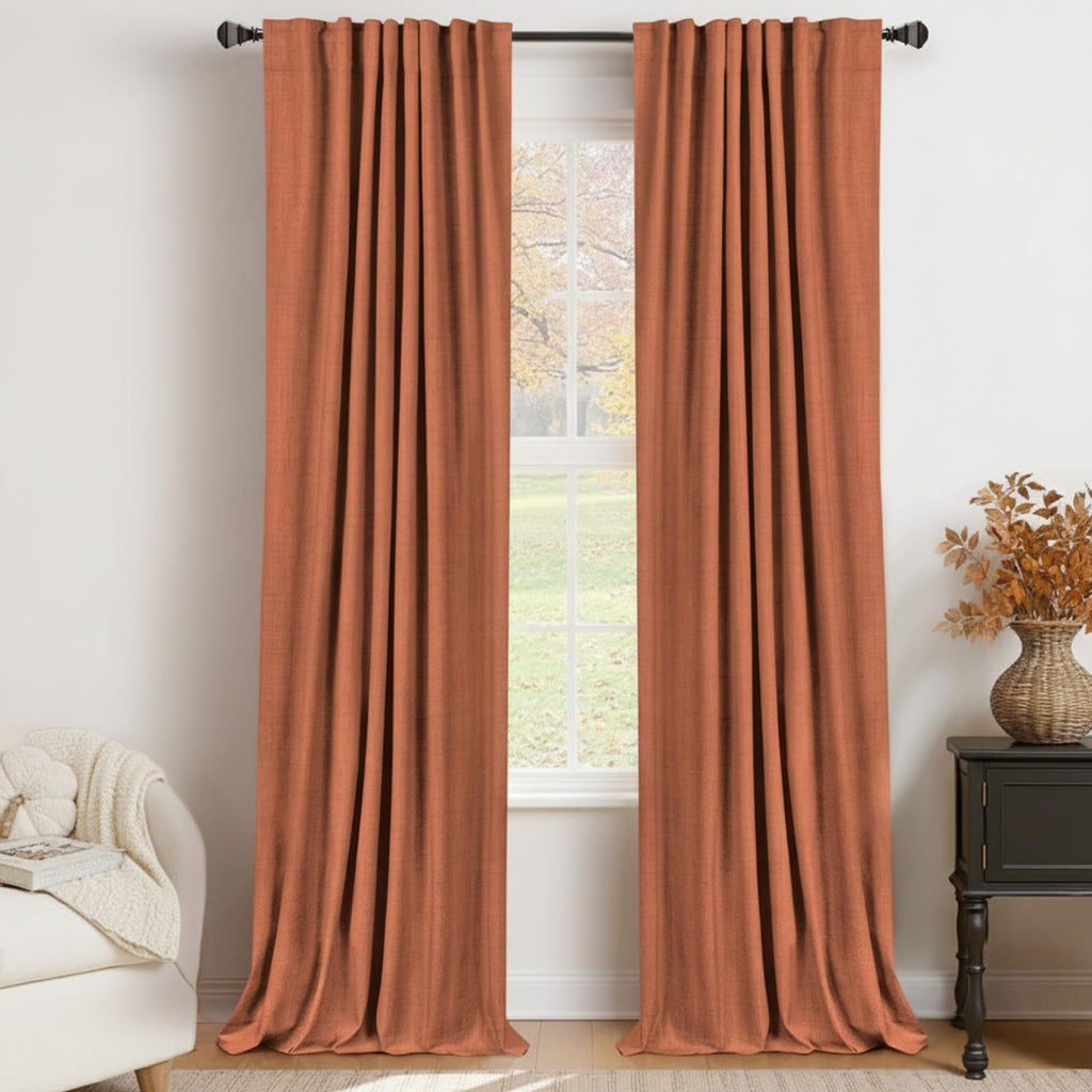 Faux Linen Total Blackout Curtains for Bedroom 96 Inch Long Burnt Orange
