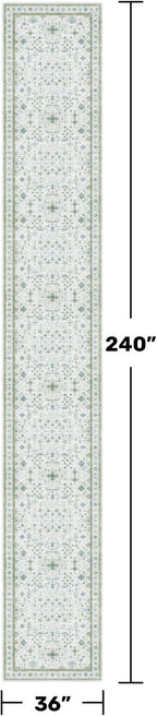 Hazo Haus Oushak 3x20 Wide Hallway Runner Rug - Vintage Turkish Floral, Washable Low Pile Non Slip 20ft Extra Long Runners for Large Kitchen, Hall Way - Blue and Green Décor
