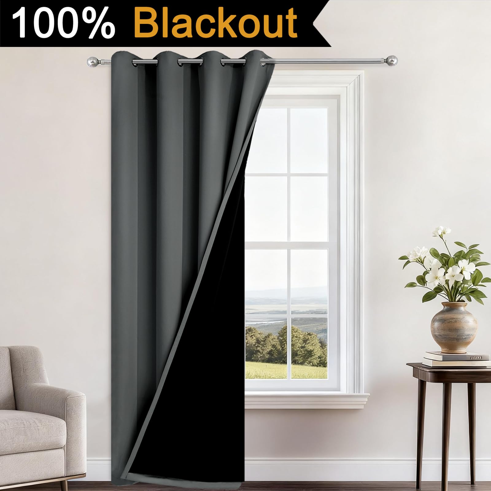Yakamok Dark Grey Blackout Curtains 96" Long for Bedroom 52" Wide 1 Panel