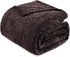 Exclusivo Mezcla Fleece Queen Size Blanket for Bed, 90x90 Inches Soft Cozy Jacquard Flannel Blankets, Lightweight Fuzzy Plush Warm for Women, Coffee