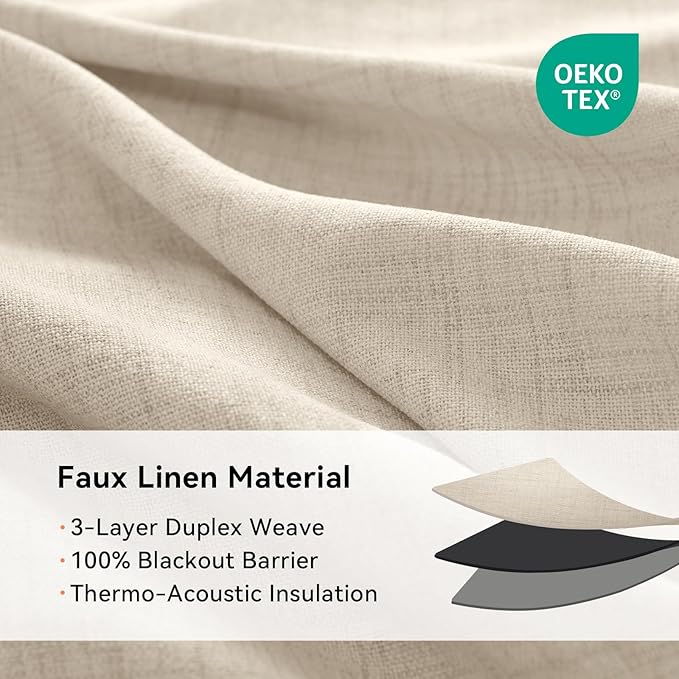 100% Blackout Shield Linen Blackout Curtains for Bedroom, Natural Flax Grommet Curtains for Living Room, Thermal Insulated Room Darkening Drapes for Nursery, Boho Home Decor, 50" W x 96" L, 2 Panels