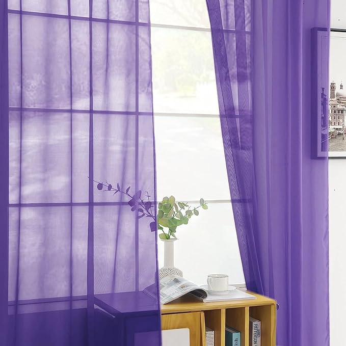 SpaceDresser Sheer Voile Window Treatment Rod Pocket Curtain Panels for Kitchen Bedroom Living Room Drapes Sunlight Filtering Privacy Semi Home Decor Assorted (Purple, 52 W x 96 L)