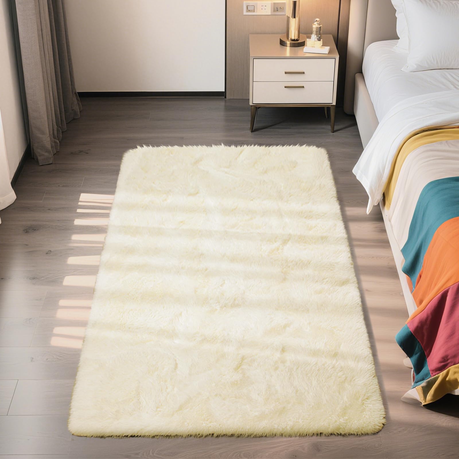 3x5 Area Rug for Bedroom, Ivory Fluffy Shag Rug Small Rug Plush Carpet
