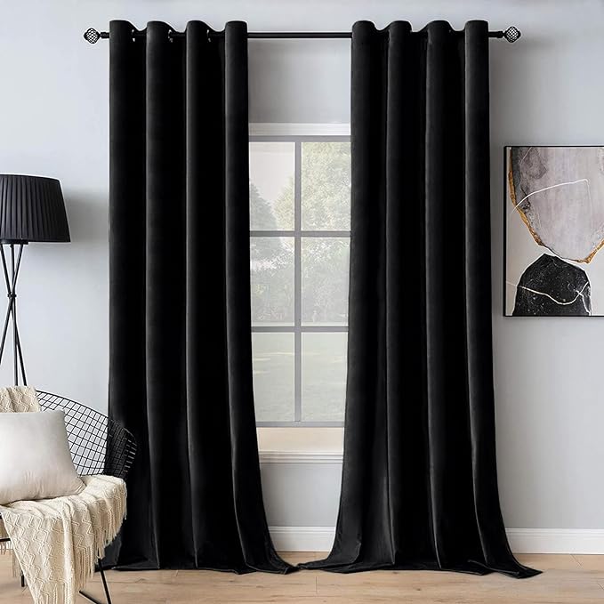 MIULEE Black Out Velvet Curtains 96 Inch Length Halloween Room Darkening Long Blackout Curtains with Grommet Top for Bedroom/Living Room Light Blocking Thermal Insulating Soundproof Set of 2, Black